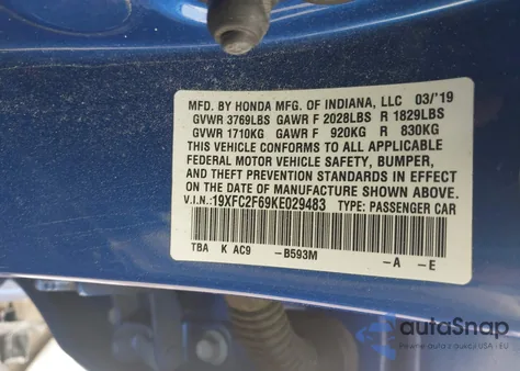 2019 Honda Civic Lx z USA, uszkodzony, nr VIN 19XFC2F69KE029483